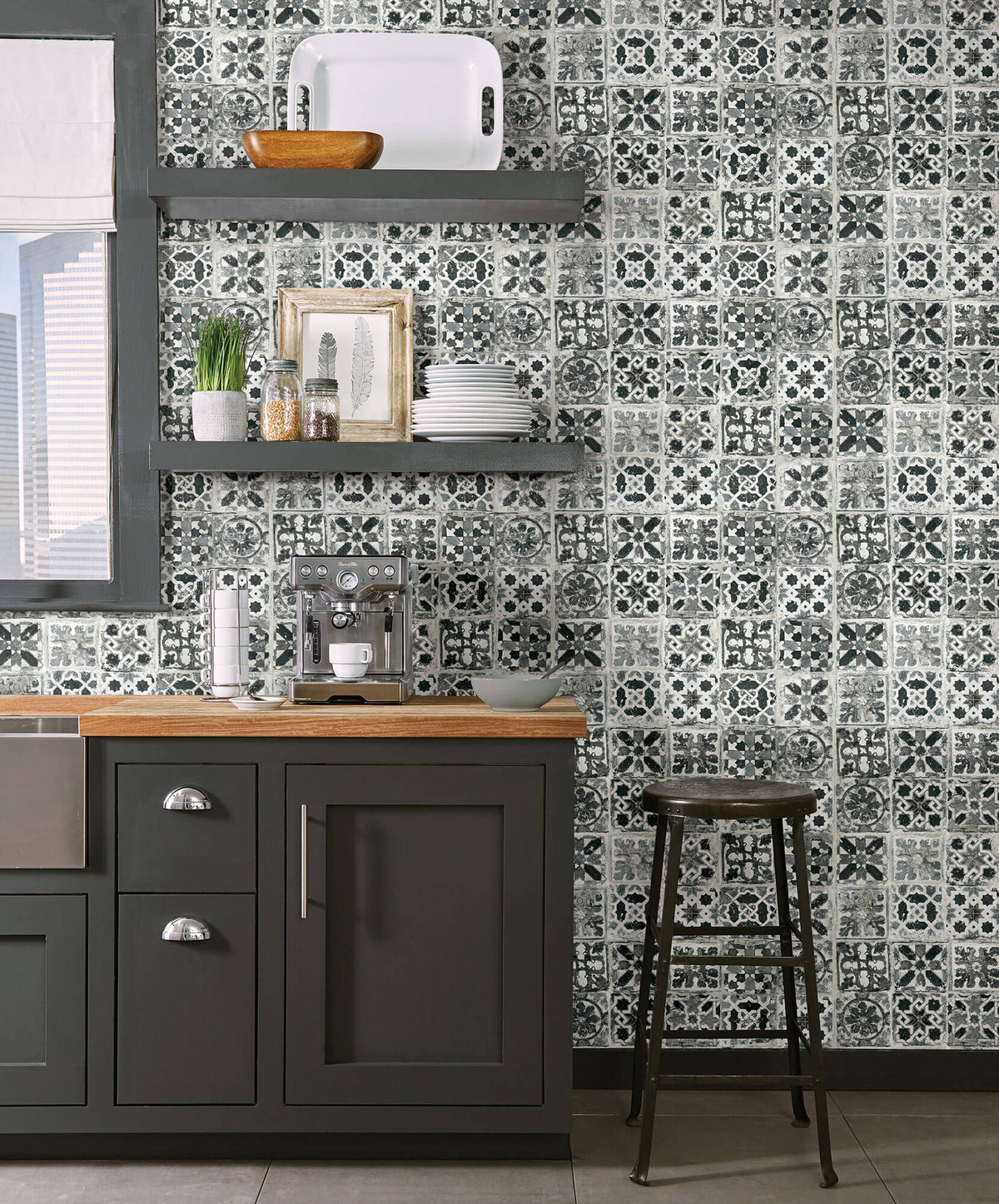 York Encaustic Tile Peel & Stick Wallpaper - Black & White