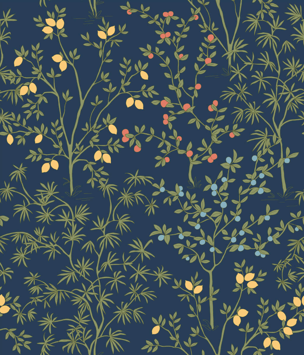 Botanical pattern with leaves and berries on a dark blue background