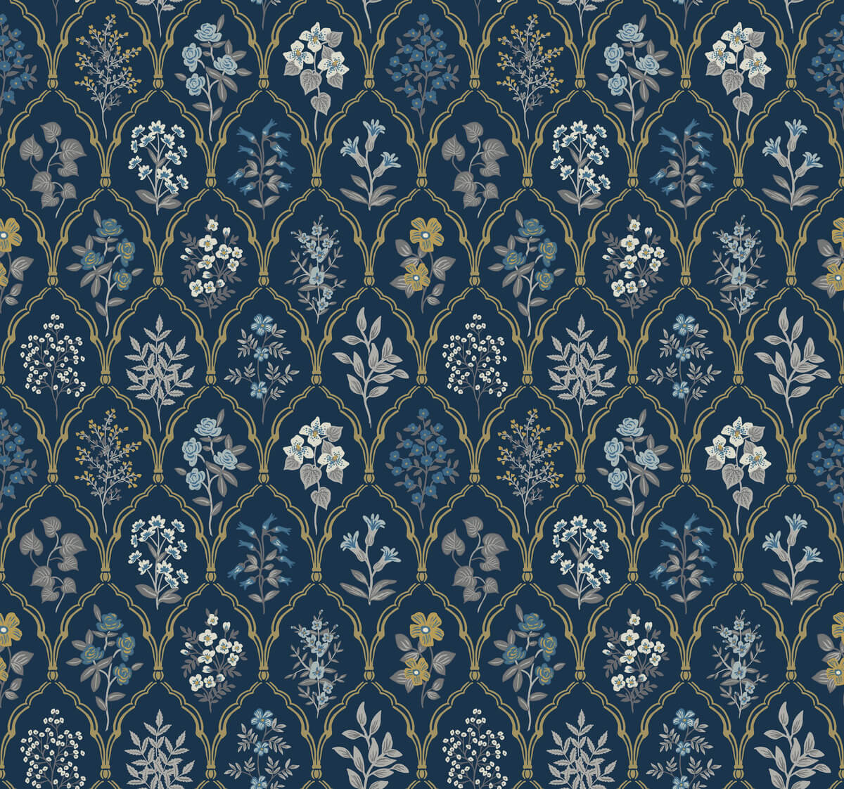 Rifle Paper Co. Hawthorne Wallpaper - Navy & Gold