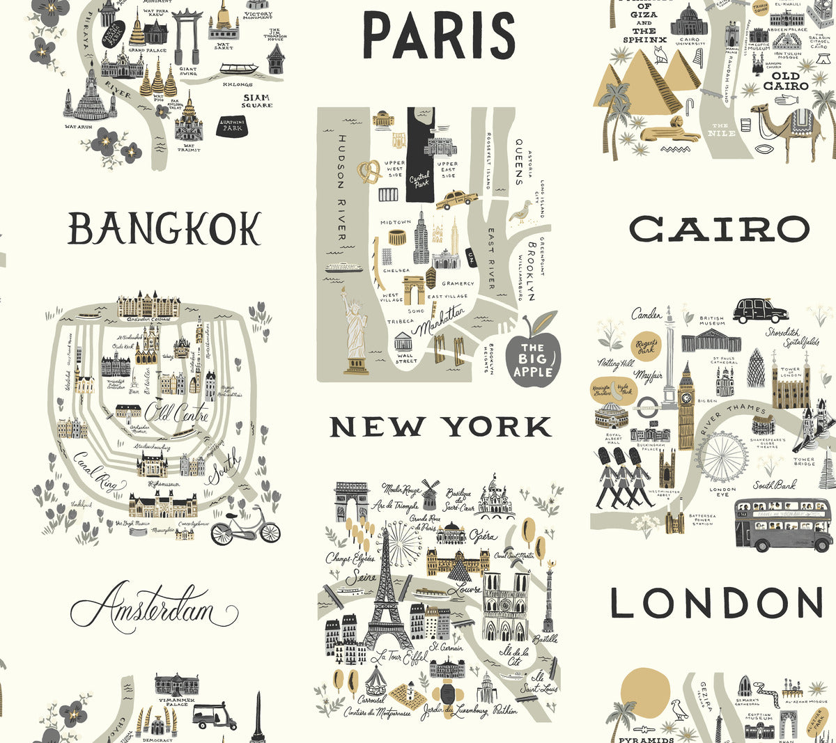 Rifle Paper Co. City Maps Wallpaper Sample - Gray & Gold