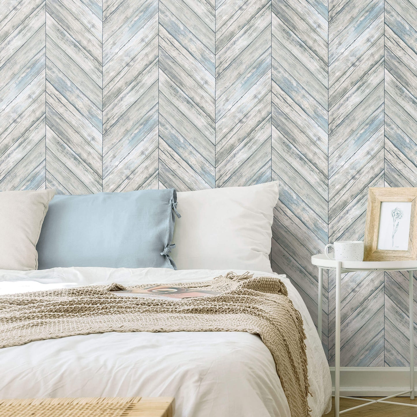 Herringbone Wood Boards Peel & Stick Wallpaper - Gray Blue