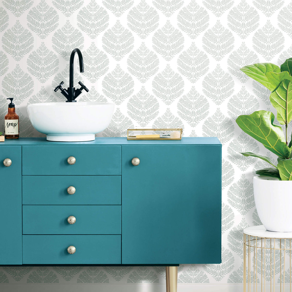 York Hygge Fern Damask Peel & Stick Wallpaper Sample - Gray