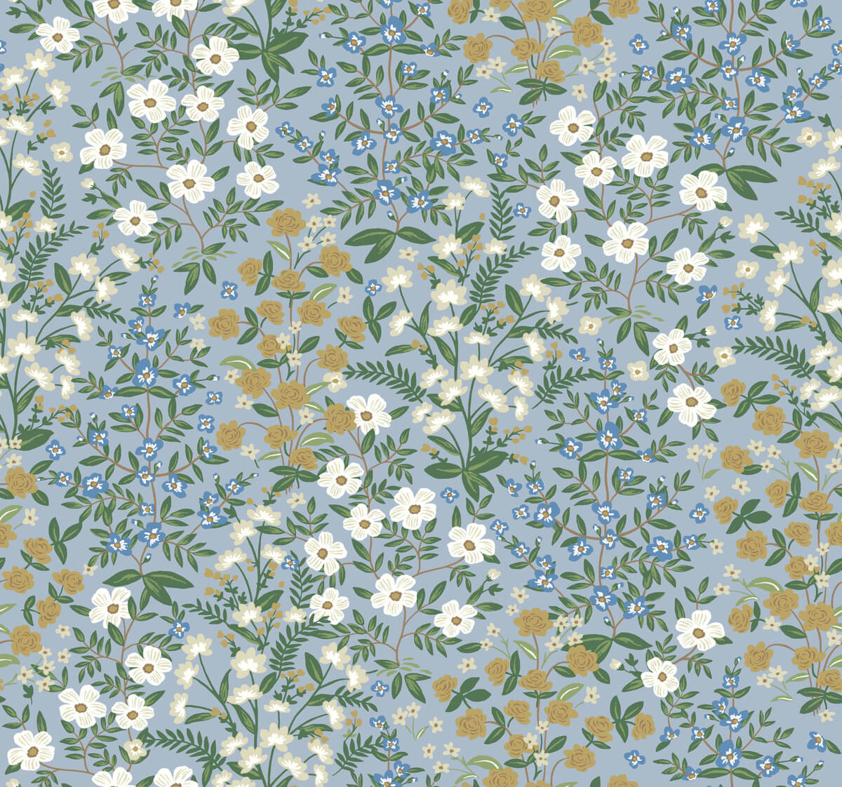 Floral pattern with white, green, and yellow flowers on a blue background