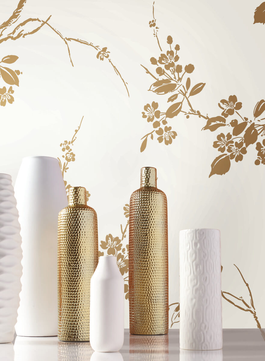 York Silhouettes Imperial Blossoms Branch Wallpaper - Metallic Gold & White