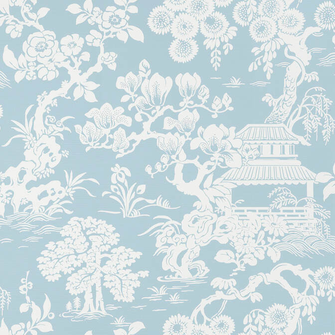 Thibaut Pavilion Japanese Garden Wallpaper - Spa Blue