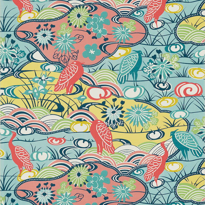 Thibaut Pavilion Heron Stream Wallpaper - Coral & Aqua