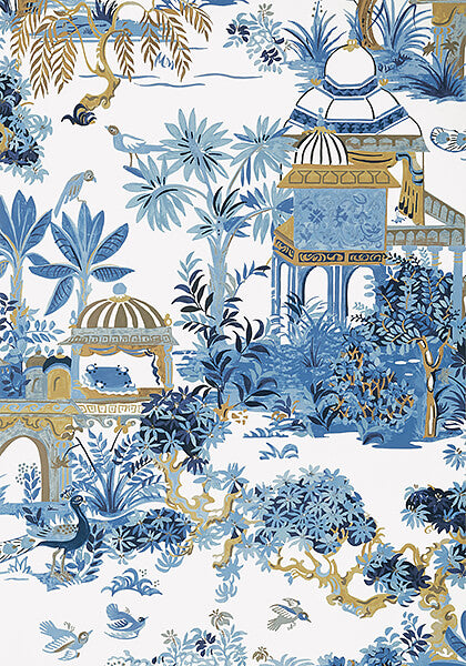 Black, Baby Blue & White Chinoiserie Garden Tree Wallpaper