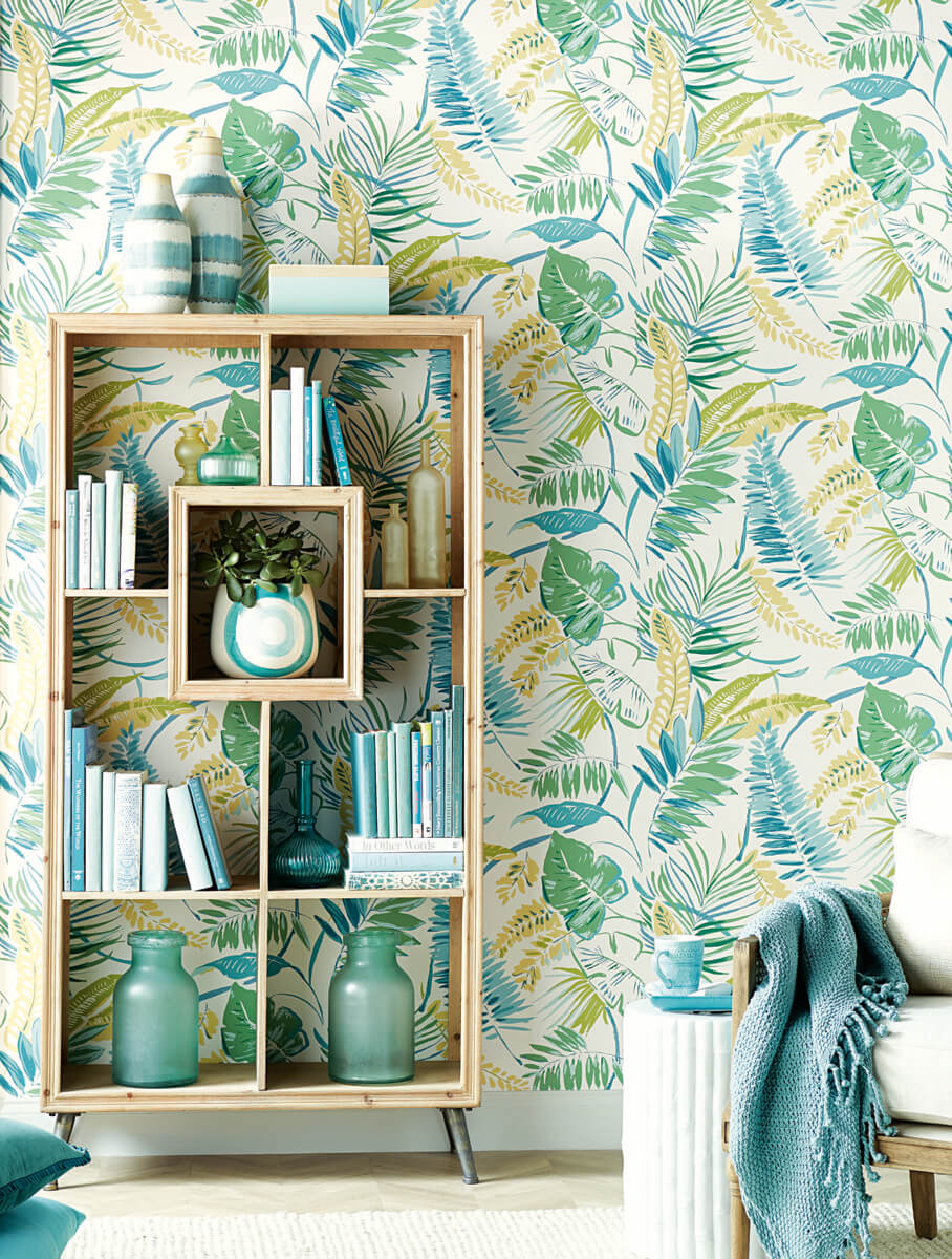 York Tropics Tropical Toss Wallpaper - Aqua & Yellow
