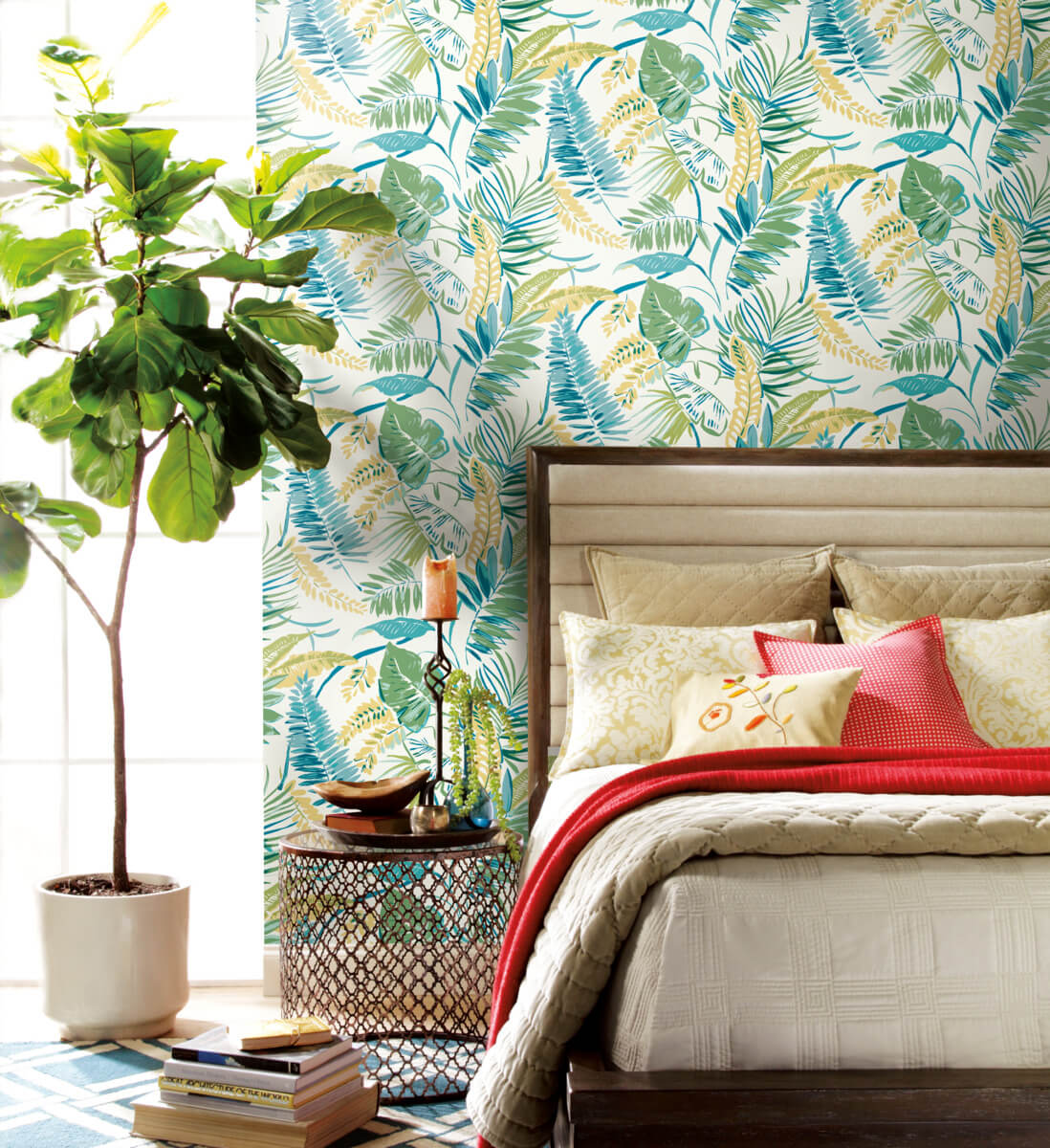 York Tropics Tropical Toss Wallpaper - Aqua & Yellow
