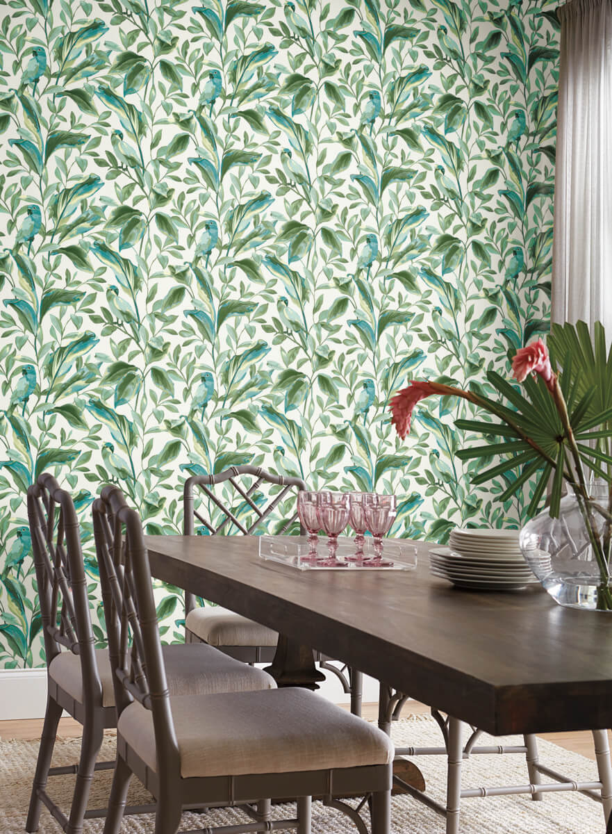 York Tropics Tropical Love Birds Wallpaper - White & Aqua