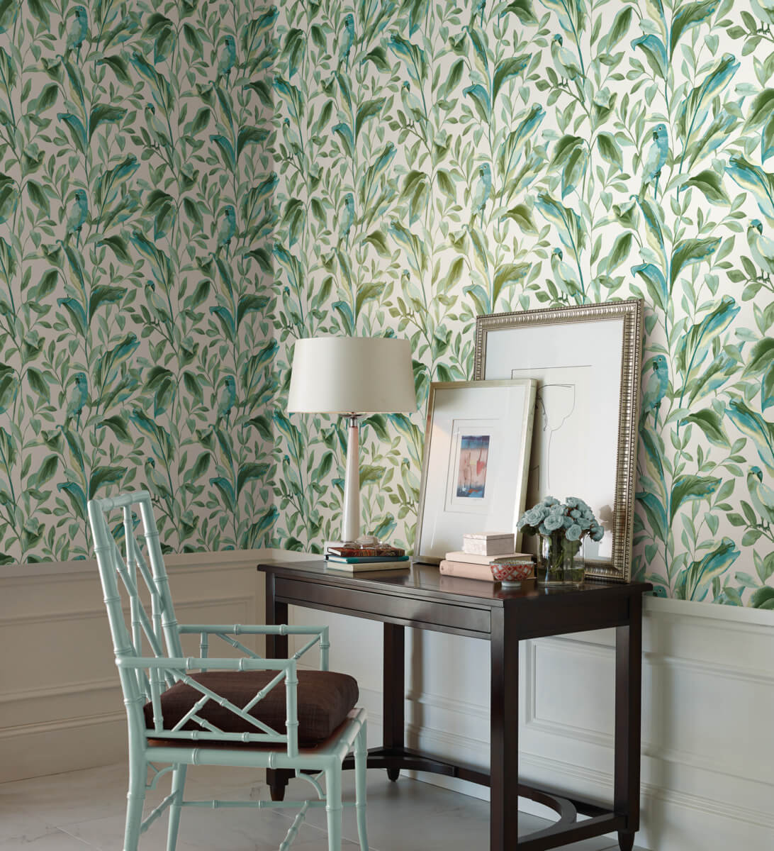 York Tropics Tropical Love Birds Wallpaper - White & Aqua