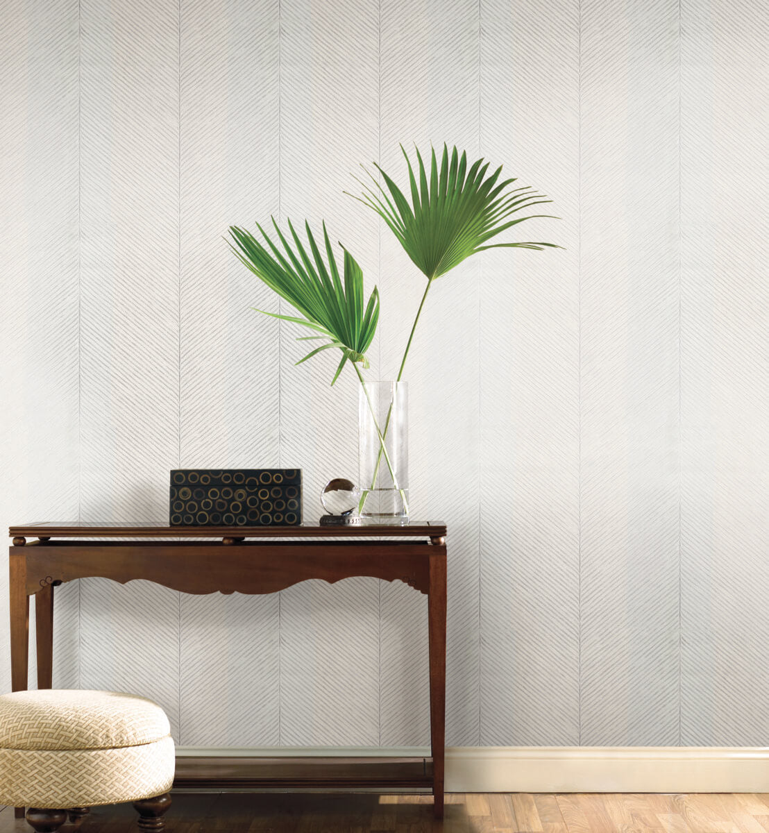 York Tropics Palm Chevron Wallpaper Sample - White & Silver