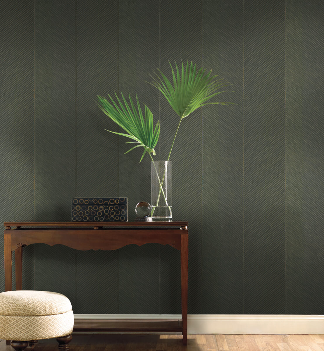 York Tropics Palm Chevron Wallpaper - Green & Gold