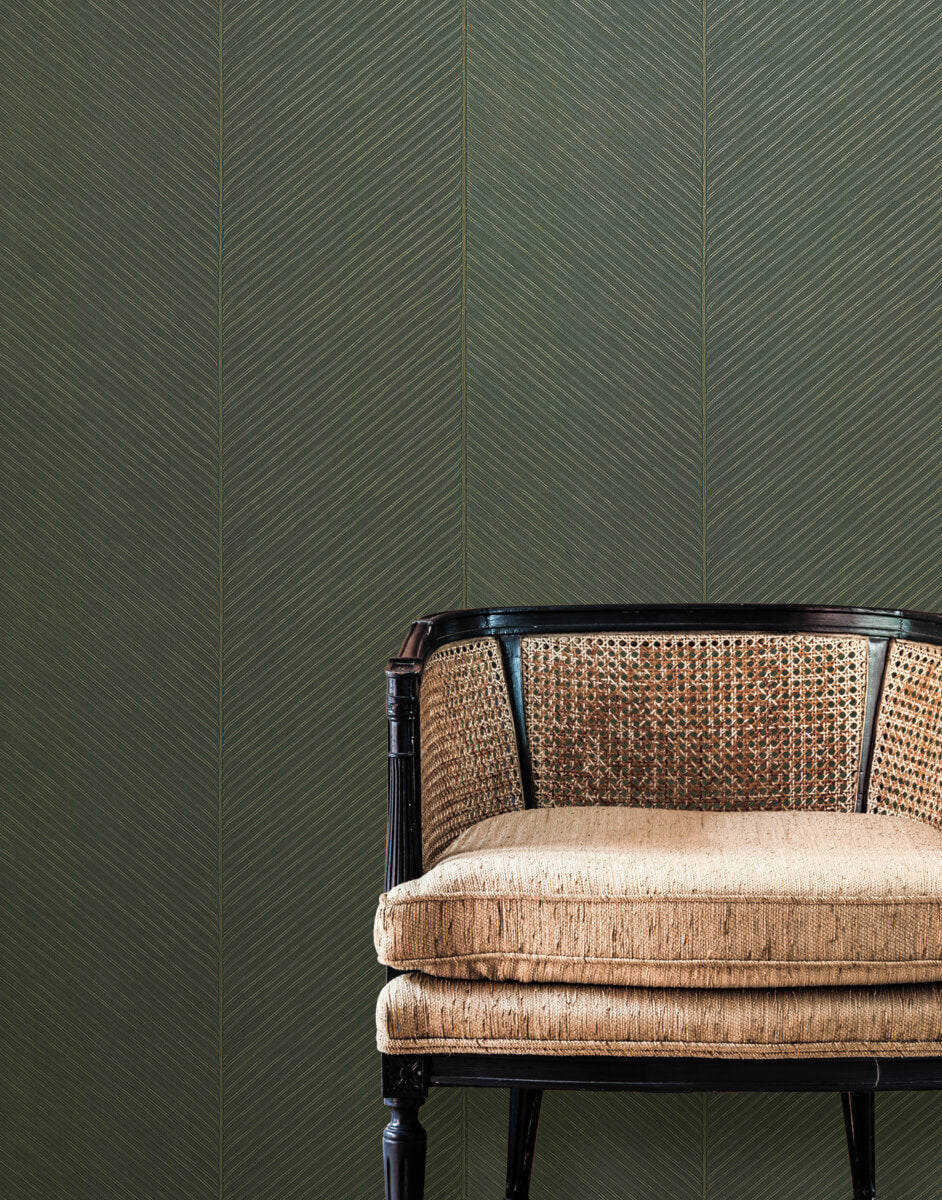 York Tropics Palm Chevron Wallpaper - Green & Gold