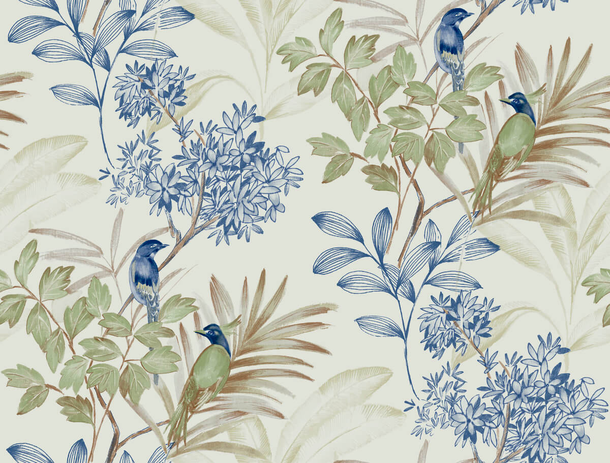 York Handpainted Traditionals Songbird Wallpaper - Green & Blue