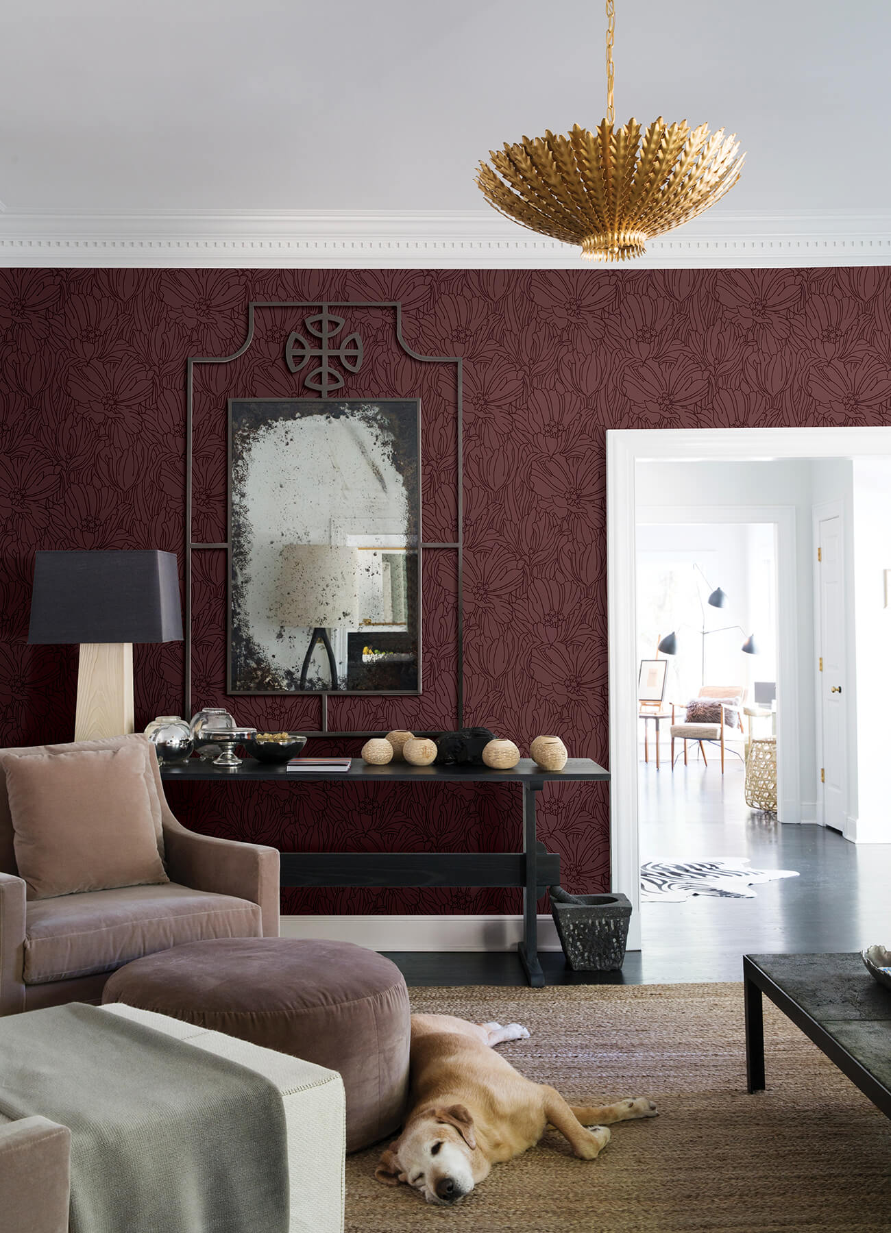 A-Street Prints Revival Selwyn Flock Wallpaper - Burgundy