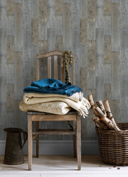 Chesapeake Thoreau Chebacco Wood Planks Wallpaper - Slate