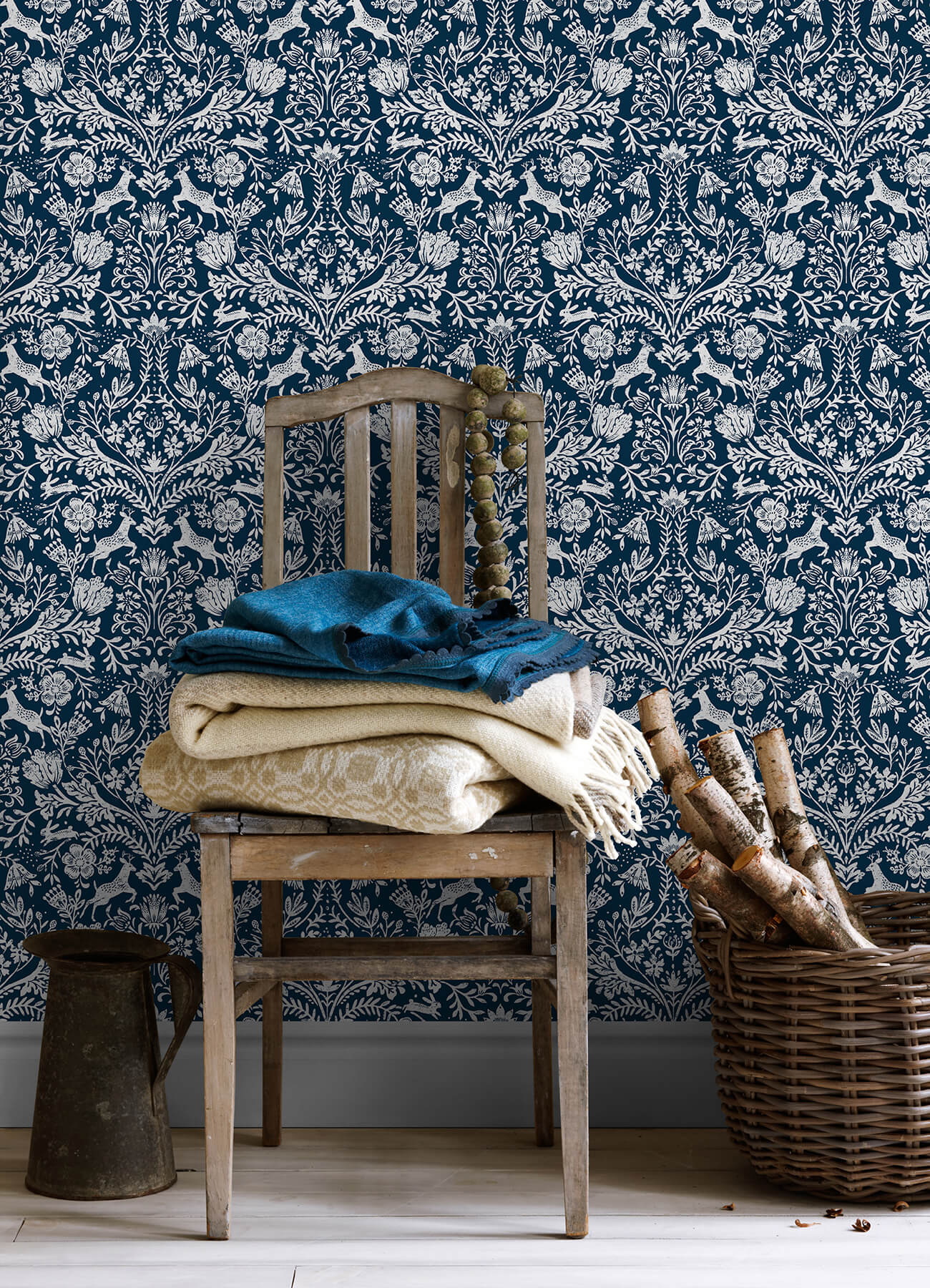 3124-13883 Chesapeake Thoreau Forest Dance Damask Wallpaper - Navy