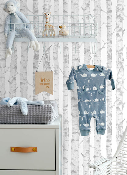 Chesapeake Fable Birdie Birch Wallpaper - Grey