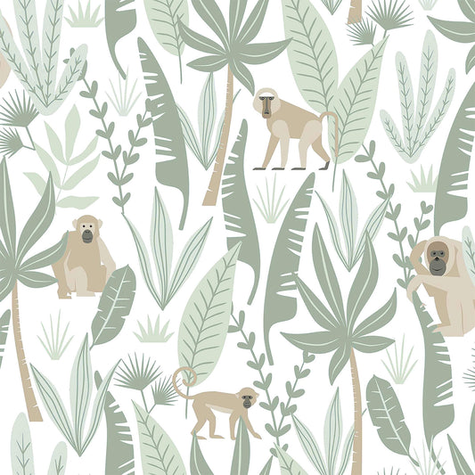 Chesapeake Fable Kiki Monkeys Wallpaper - Light Green