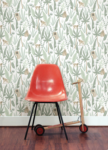 Chesapeake Fable Kiki Monkeys Wallpaper - Light Green