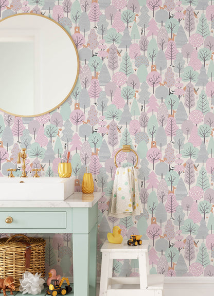 Chesapeake Fable Quillen Forest Wallpaper - Pink