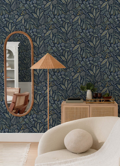 A-Street Prints Whimsy Briar Floral Wallpaper - Navy