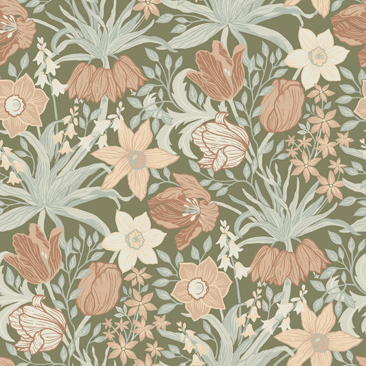 A-Street Prints Botanica Cecilia Tulip & Daffodil Wallpaper - Moss
