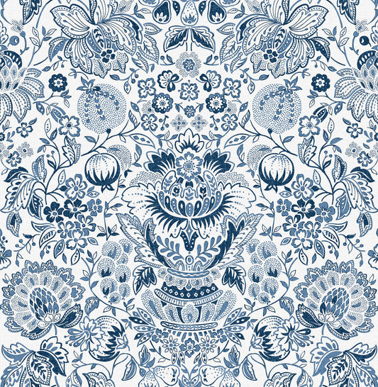 A-Street Prints Haberdashery Blanche Floral Damask Wallpaper - Blue