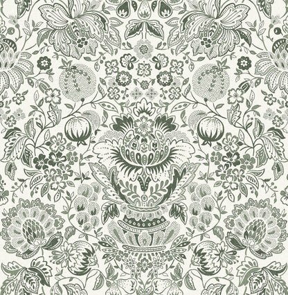 A-Street Prints Haberdashery Blanche Floral Damask Wallpaper - Dark Green