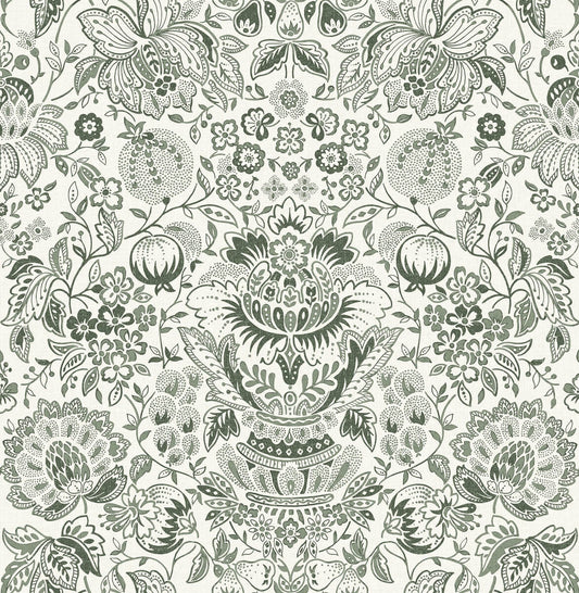 A-Street Prints Haberdashery Blanche Floral Damask Wallpaper - Dark Green