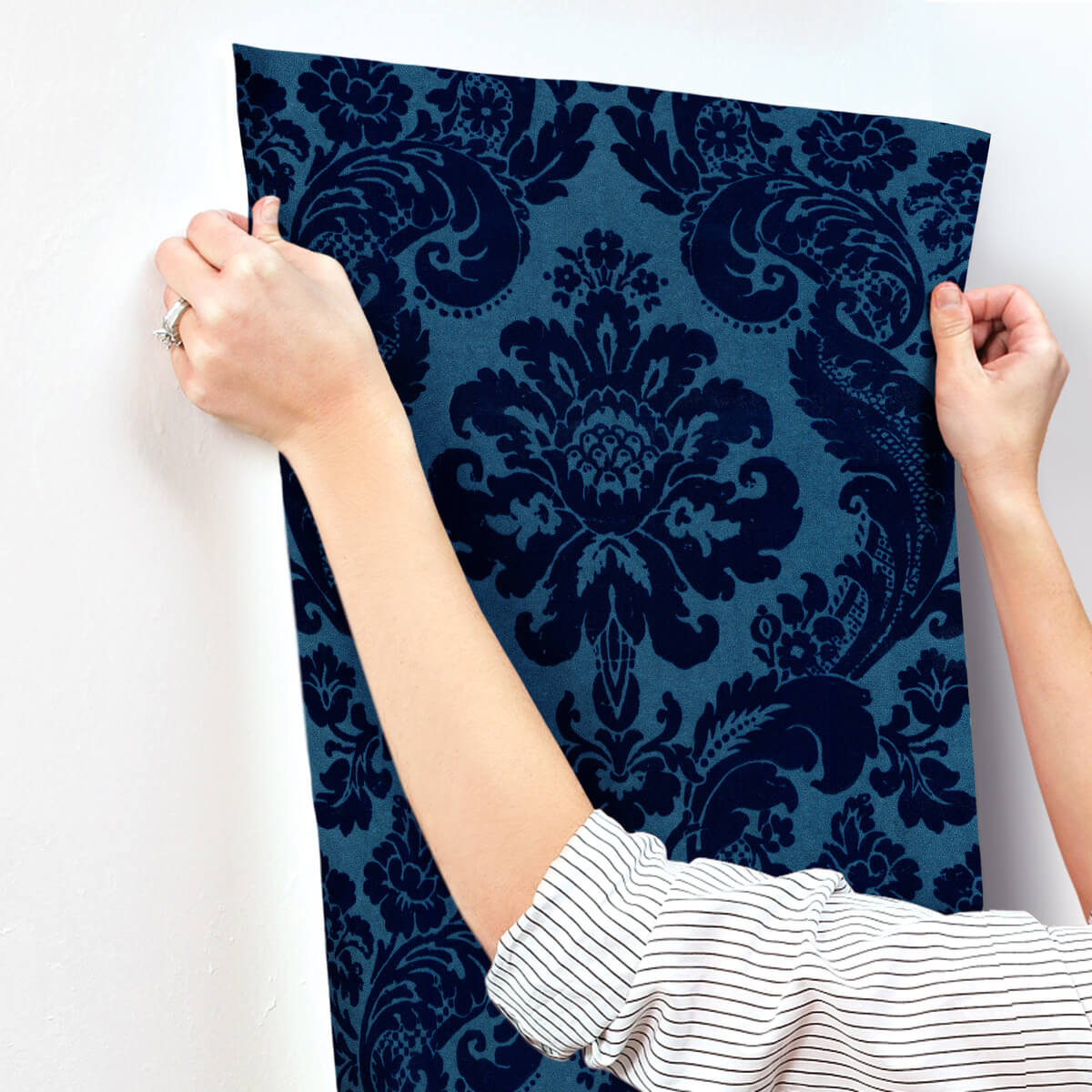 A-Street Prints Haberdashery Shadow Flocked Damask Wallpaper - Blue