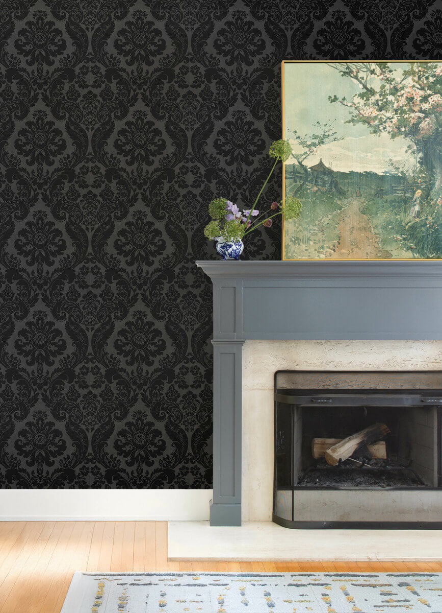 A-Street Prints Haberdashery Shadow Flocked Damask Wallpaper - Black