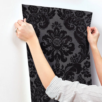 A-Street Prints Haberdashery Shadow Flocked Damask Wallpaper - Black