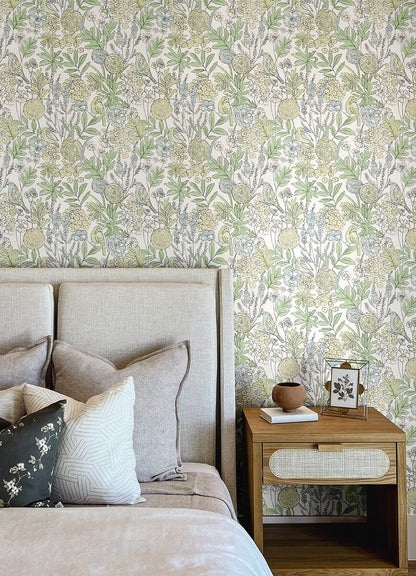 Chesapeake Printworks Goldfinch Birds & Blooms Wallpaper - Green