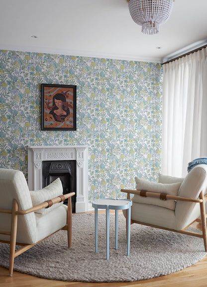 Chesapeake Printworks Goldfinch Birds & Blooms Wallpaper - Aqua