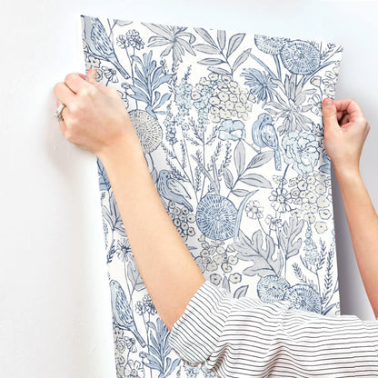 Chesapeake Printworks Goldfinch Birds & Blooms Wallpaper - Blue