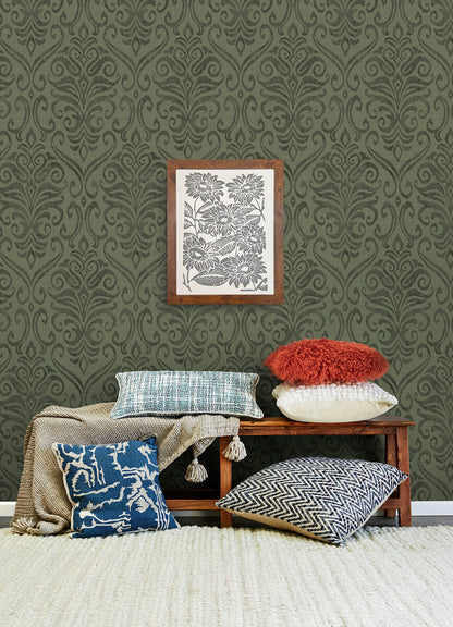 Chesapeake Printworks Adavu Damask Wallpaper - Dark Green