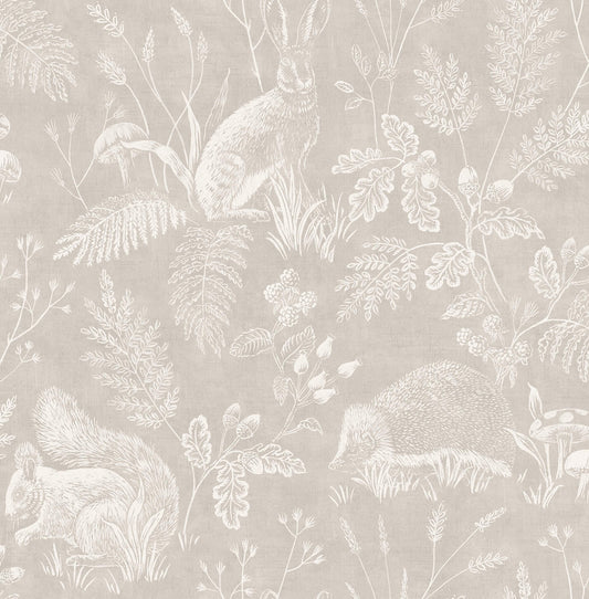 Westbury Forest Woodland Toile Wallpaper - Light Grey