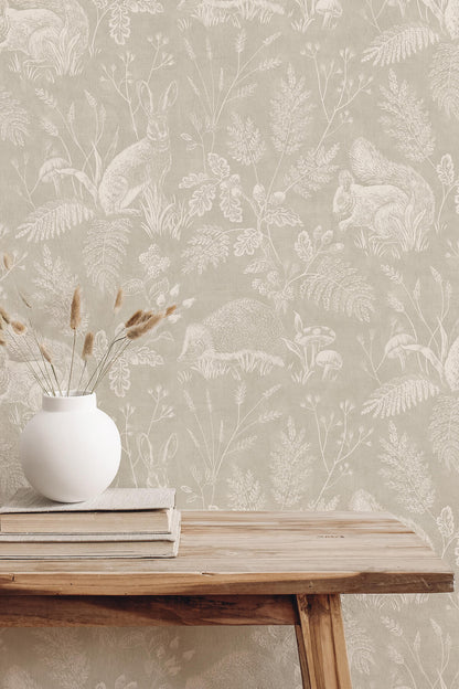 Westbury Forest Woodland Toile Wallpaper - Light Grey