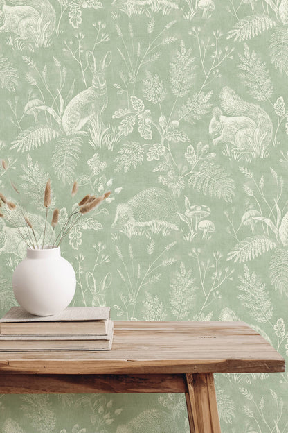 Westbury Forest Woodland Toile Wallpaper - Green