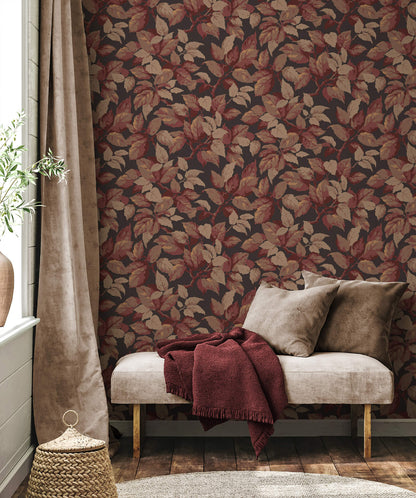 Westbury Forest Canopy Leaf Wallpaper - Burgundy