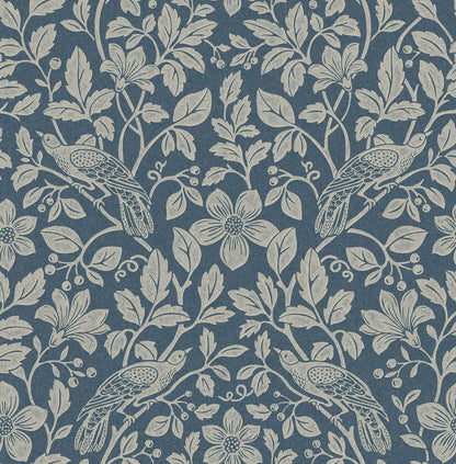 Westbury Forest Marlow Bird Vine Wallpaper - Dark Blue