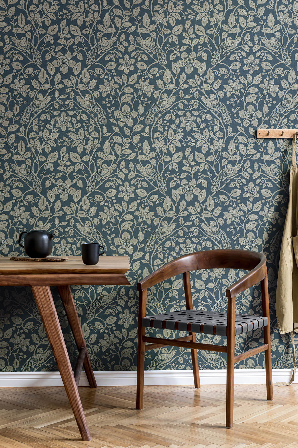 4164-M1818 Westbury Forest Marlow Bird Vine Wallpaper - Dark Blue
