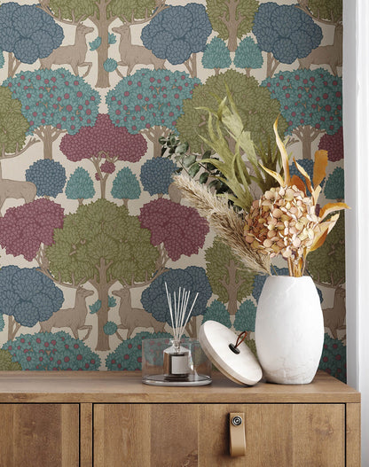 Westbury Forest Forest of Arden Deer Wallpaper - Merlot