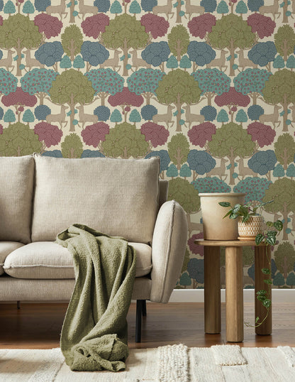 Westbury Forest Forest of Arden Deer Wallpaper - Merlot