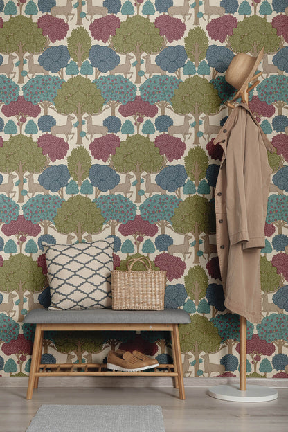 Westbury Forest Forest of Arden Deer Wallpaper - Merlot