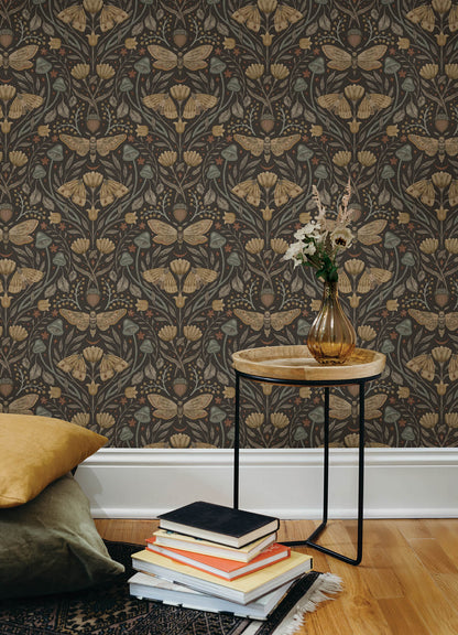 Chesapeake Oak & Moss Mystic Moth Wallpaper - Black