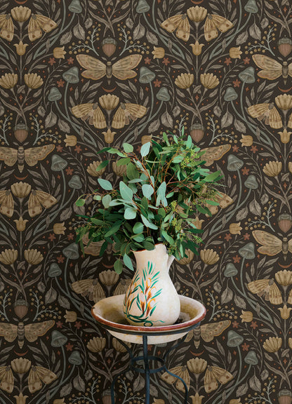 Chesapeake Oak & Moss Mystic Moth Wallpaper - Black