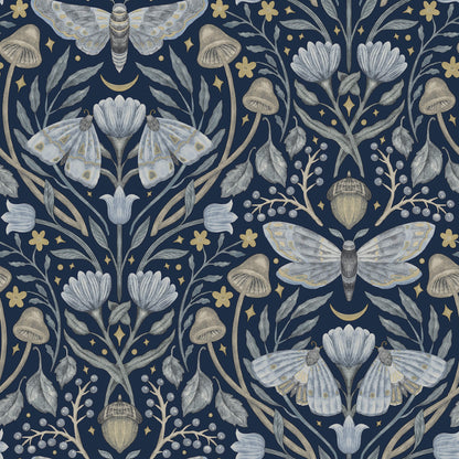 Chesapeake Oak & Moss Mystic Moth Wallpaper - Navy
